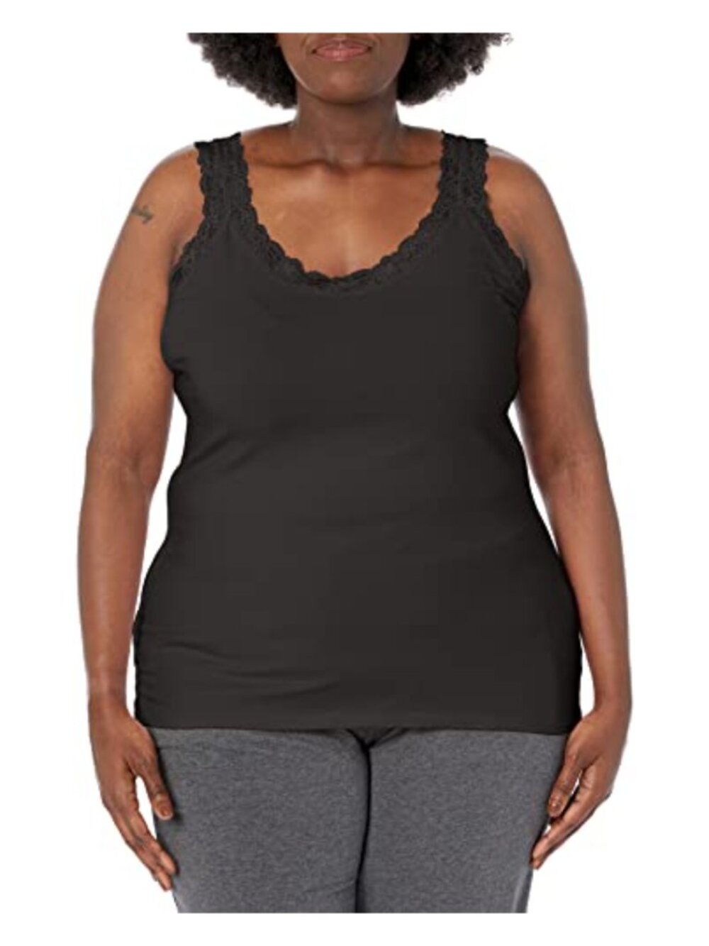Plus Size Sleeveless Lace Trim V-Neck Tank Top Cotton Stretch